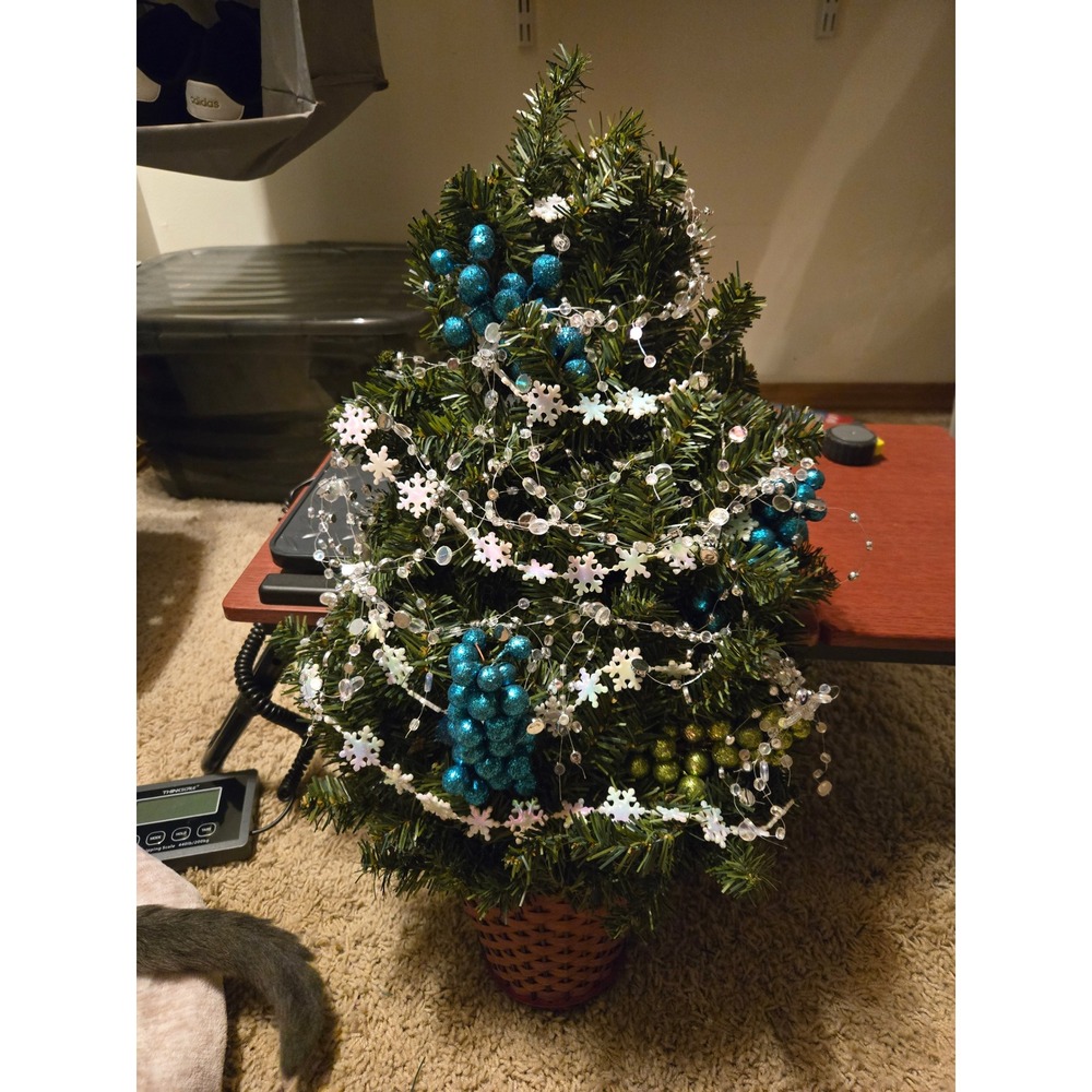 Mini Tabletop Christmas Tree Blue Glitter Berries Snowflake Garland Basket Base